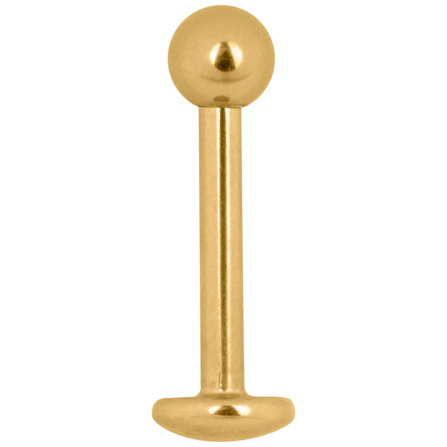 Piercing Labret Stud dorado de titanio con rosca externa sobre fondo blanco