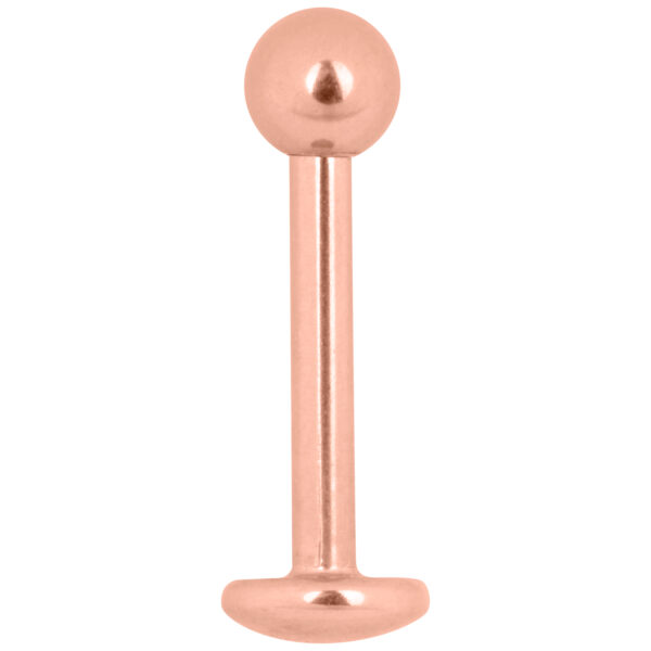 Piercing labret en oro rosa, 1,2 mm de grosor, 6,0 mm de largo sobre fondo blanco