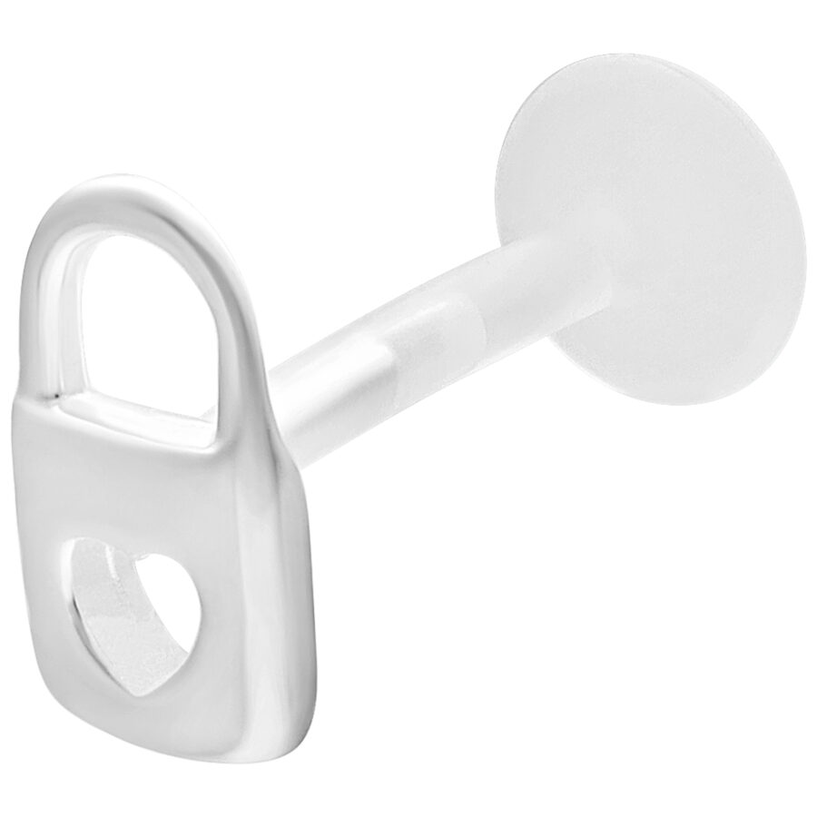 Labret plateado con diseño de candado sobre fondo blanco