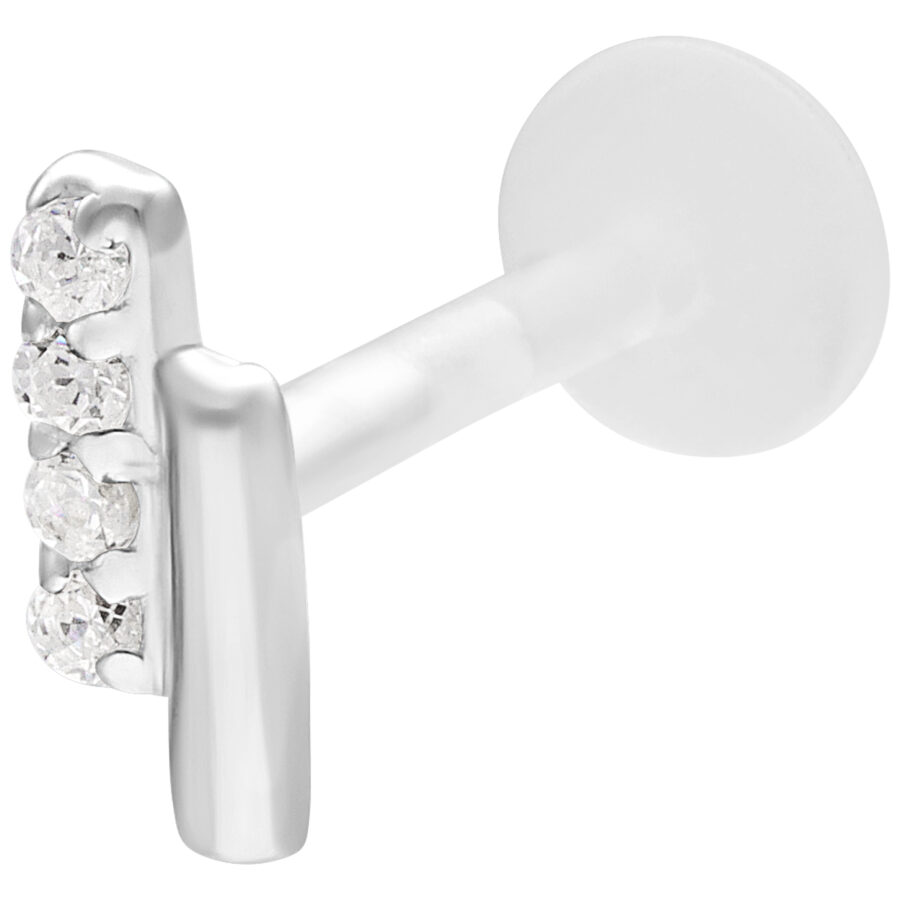 Labret plateado con doble barra de cristal sobre fondo blanco