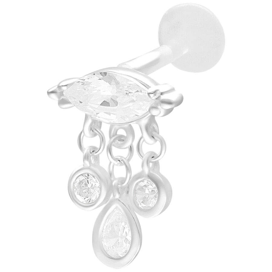 Labret de plata con tres colgantes sobre fondo blanco