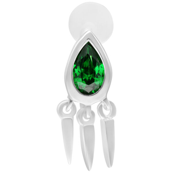 Labret de plata con esmeralda verde y tres colgantes sobre fondo blanco