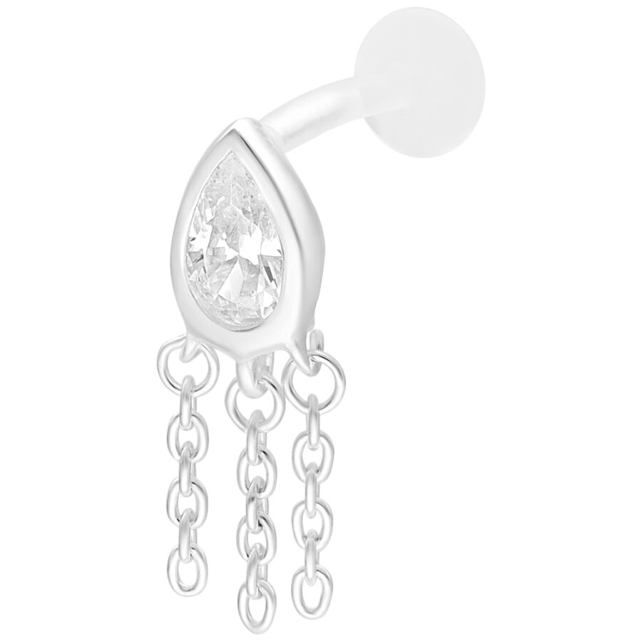 Piercing labret plateado con cristal en forma de gota y tres cadenas sobre fondo blanco