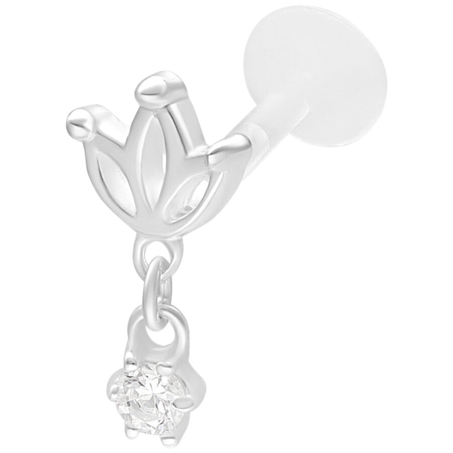 Labret plateado con diseño de loto y cristal brillante sobre fondo blanco