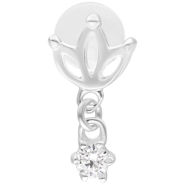 Labret plateado con diseño de loto y piedra brillante sobre fondo blanco