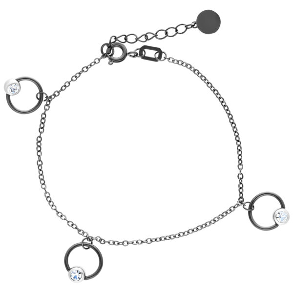 Pulsera negra de acero quirúrgico con longitud ajustable y anillos de cristal sobre fondo blanco