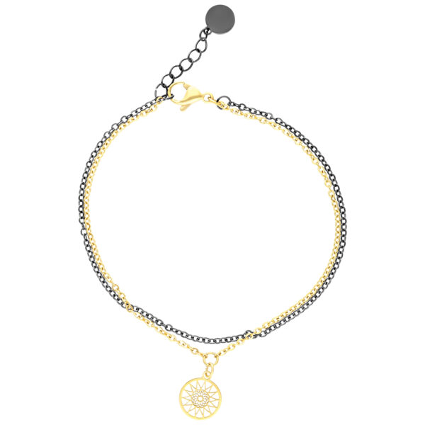 Pulsera doble Mandala de acero quirúrgico en negro y dorado sobre fondo blanco