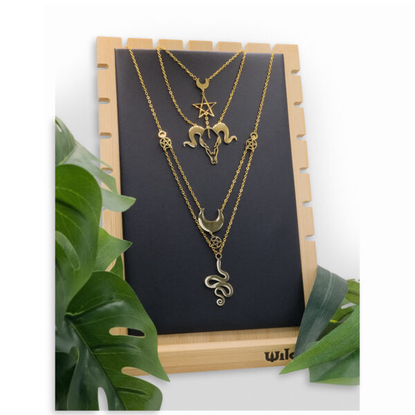 Expositor de collares negro de Wildcat con cadenas doradas, en marco de madera.