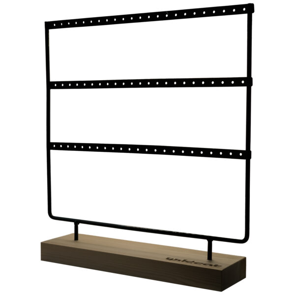 Expositor negro con tres filas para presentar anillos sobre base rectangular de madera