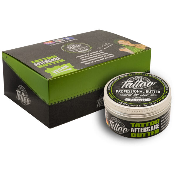 Lata de Believa Tattoo Butter y empaque sobre fondo blanco