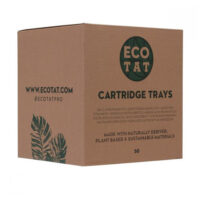 Caja para Cartuchos de material reciclado Caja marrón con logo verde de EcoTat y texto 'Cartridge Holder 50 pcs'.