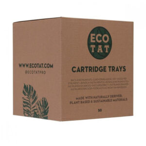 Caja marrón con logo verde de EcoTat y texto 'Cartridge Holder 50 pcs'.