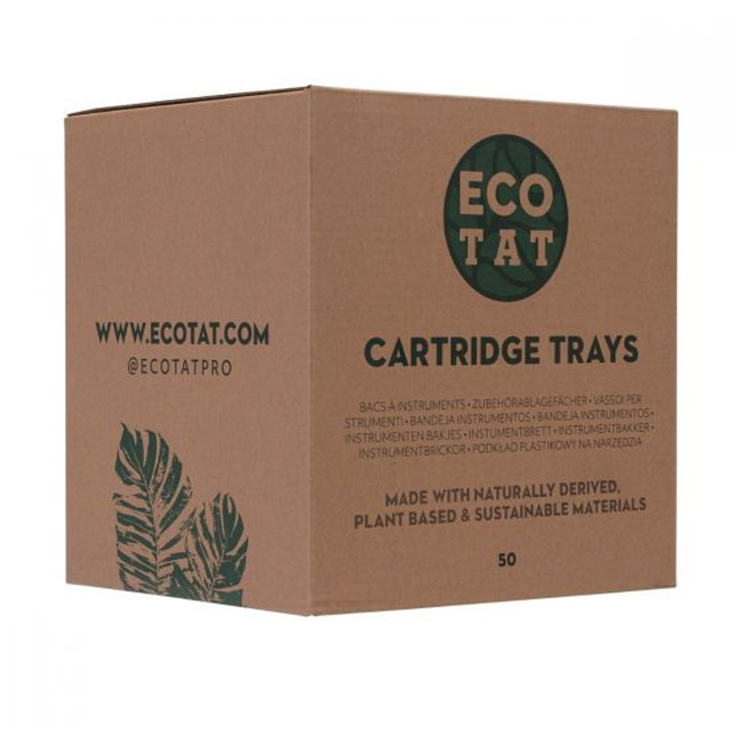 Caja para Cartuchos de material reciclado Caja marrón con logo verde de EcoTat y texto 'Cartridge Holder 50 pcs'.