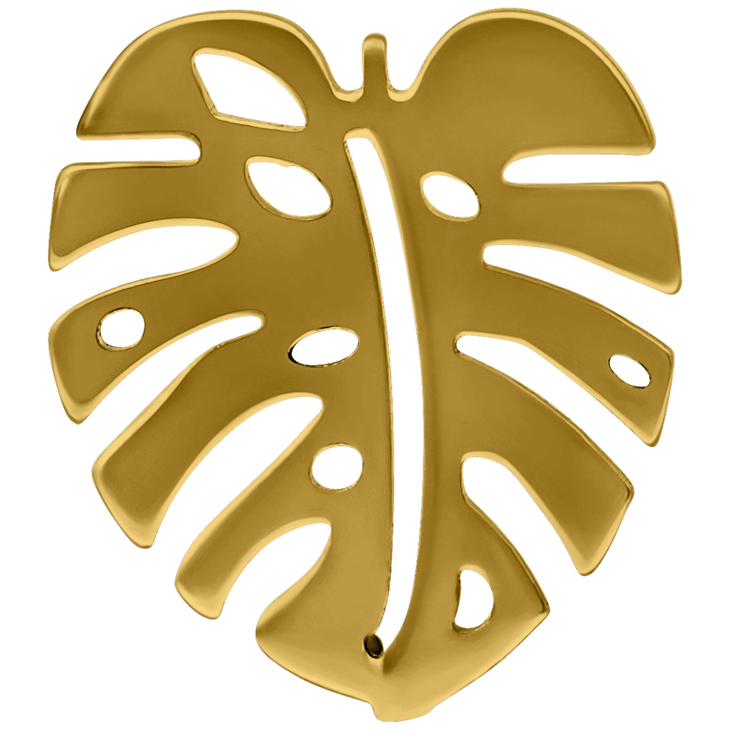 Par de pendientes Monstera de metal dorado Pendiente Monstera dorado sobre fondo blanco
