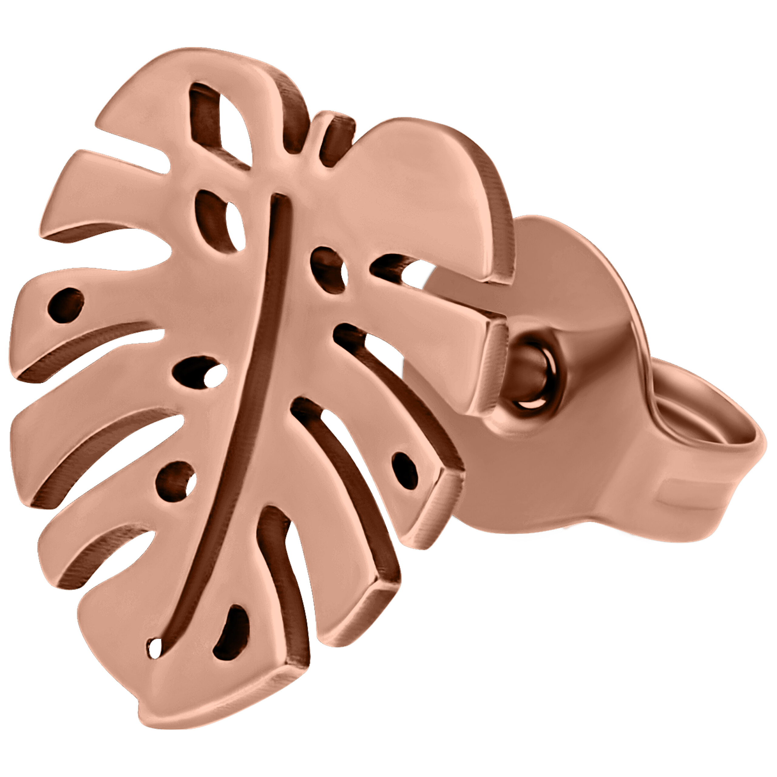 Monstera Ohrstecker Paar in Roségold Roségoldene Monstera Ohrstecker auf weißem Hintergrund