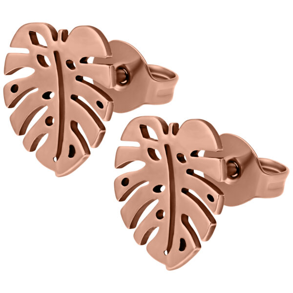 Pendientes Monstera de titanio en oro rosa sobre fondo blanco