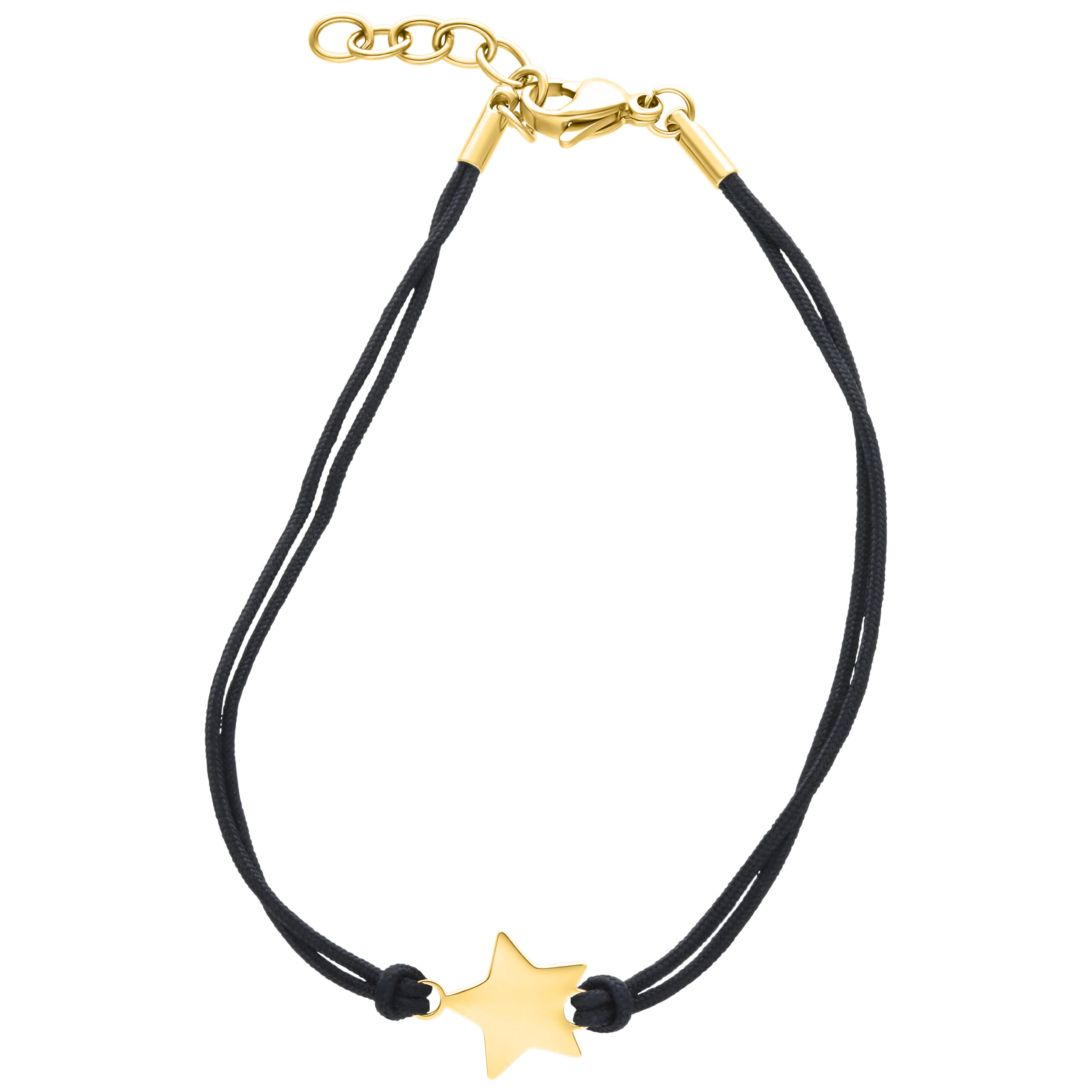 Pulsera de nylon dorada con estrella Pulsera de nylon negra con colgante de estrella dorada sobre fondo blanco