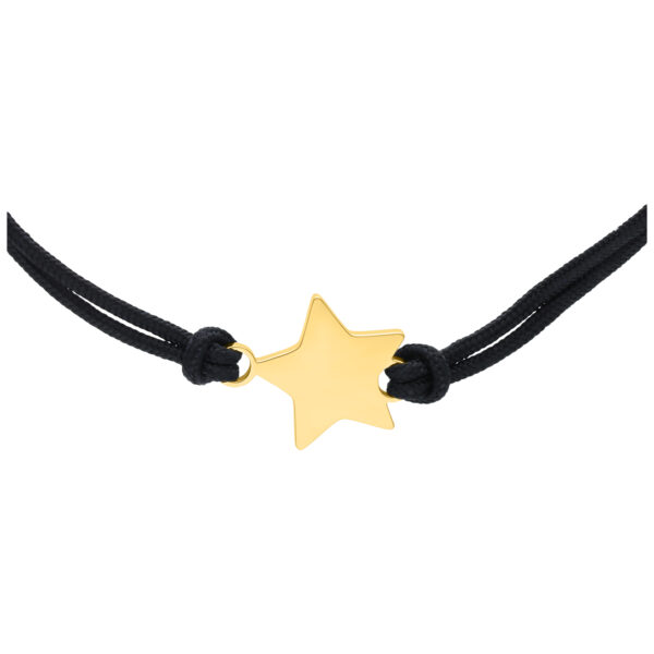Pulsera de nailon negro con estrella dorada sobre fondo blanco