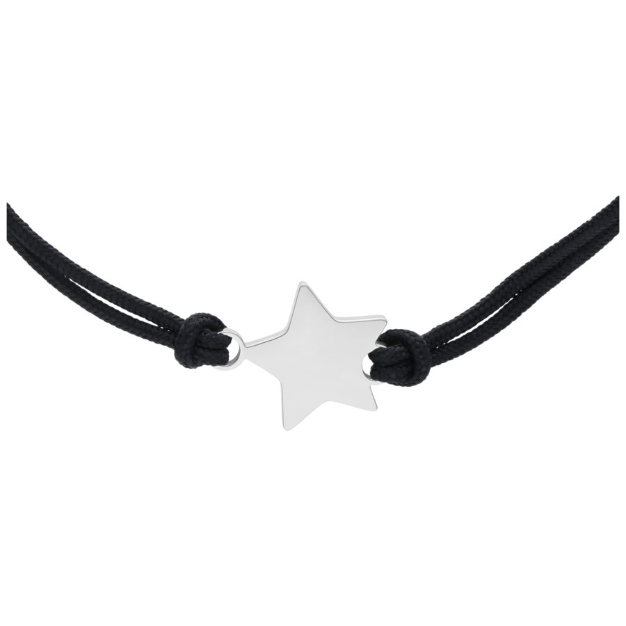 Pulsera de nylon negra con estrella plateada sobre fondo blanco