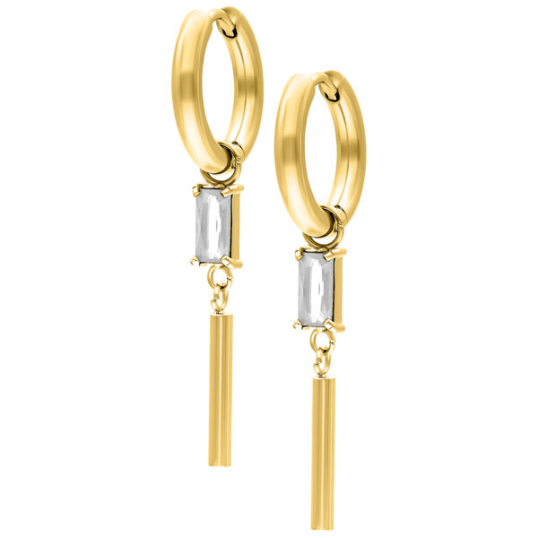 Aros Huggie dorados con colgante de cristal rectangular claro sobre fondo blanco