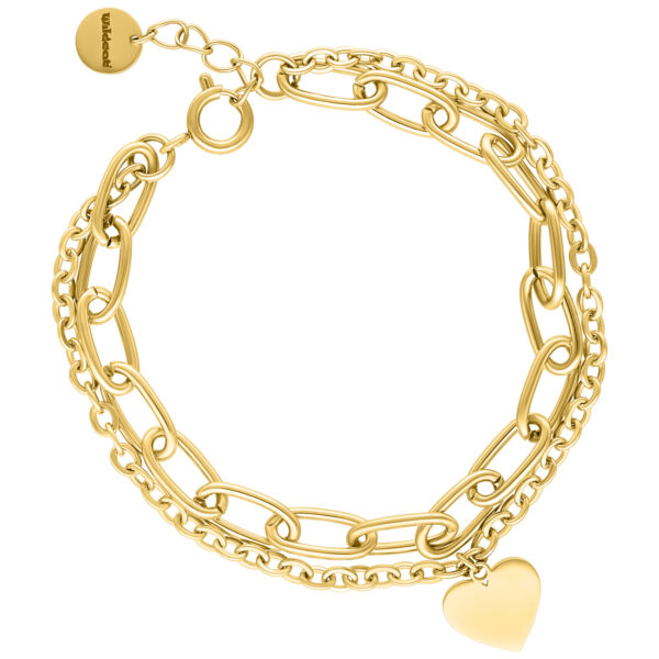 Pulsera dorada con colgante de corazón, ajustable, sobre fondo blanco