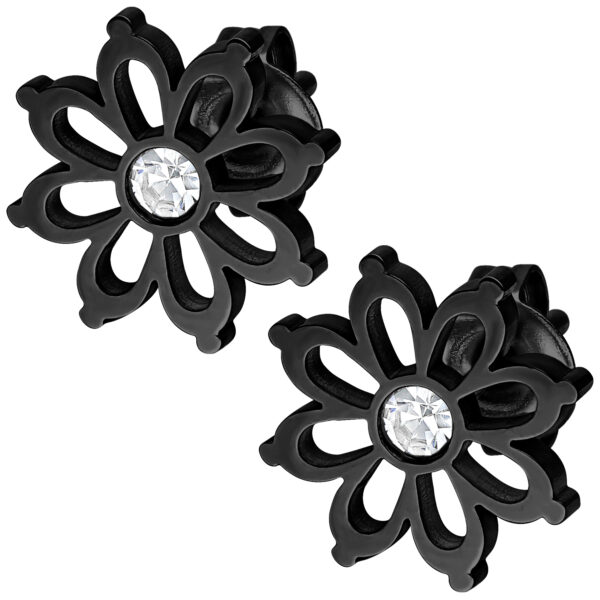 Zwei schwarze Blumen Ohrstecker aus Chirurgenstahl mit kristallklarem Stein auf weißem Hintergrund