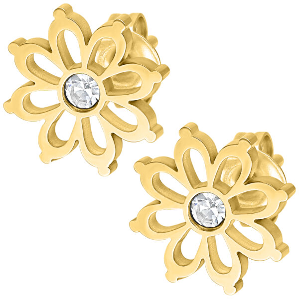 Par de pendientes de flores doradas con cristal claro sobre fondo blanco