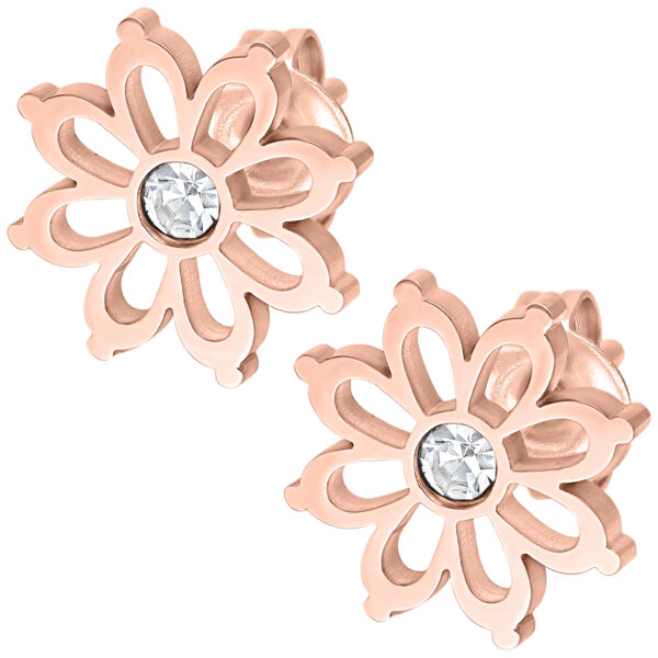 Par de pendientes de botón en forma de flor en oro rosa con cristal transparente sobre fondo blanco