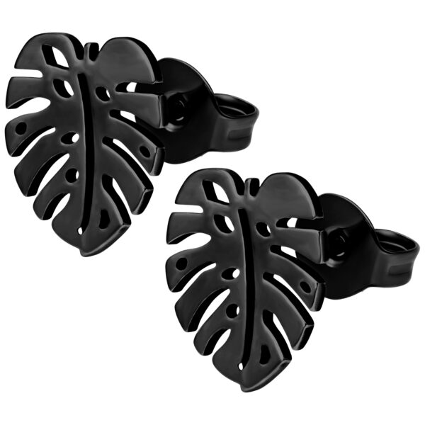 Pendientes Monstera negros de acero quirúrgico brillante sobre fondo blanco