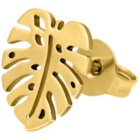 Pendientes Monstera en dorado de acero quirúrgico Pendientes Monstera dorados de acero quirúrgico sobre fondo blanco