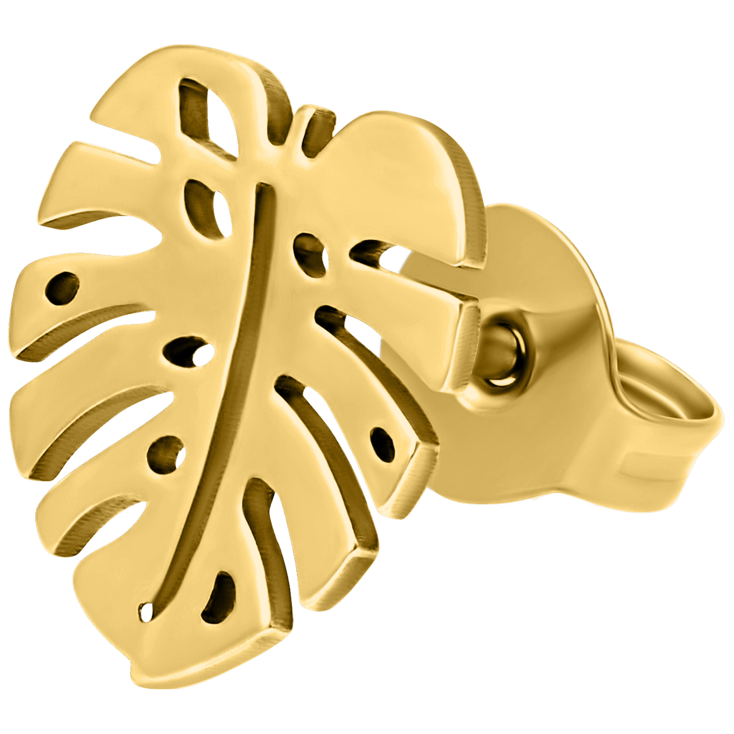 Pendientes Monstera en dorado de acero quirúrgico Pendientes Monstera dorados de acero quirúrgico sobre fondo blanco