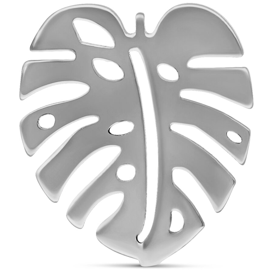 Pendiente Monstera color plata de acero quirúrgico sobre fondo blanco