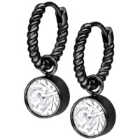 Aros pequeños Twisted negros con cristal claro Aros negros Twisted con cristales claros sobre fondo blanco