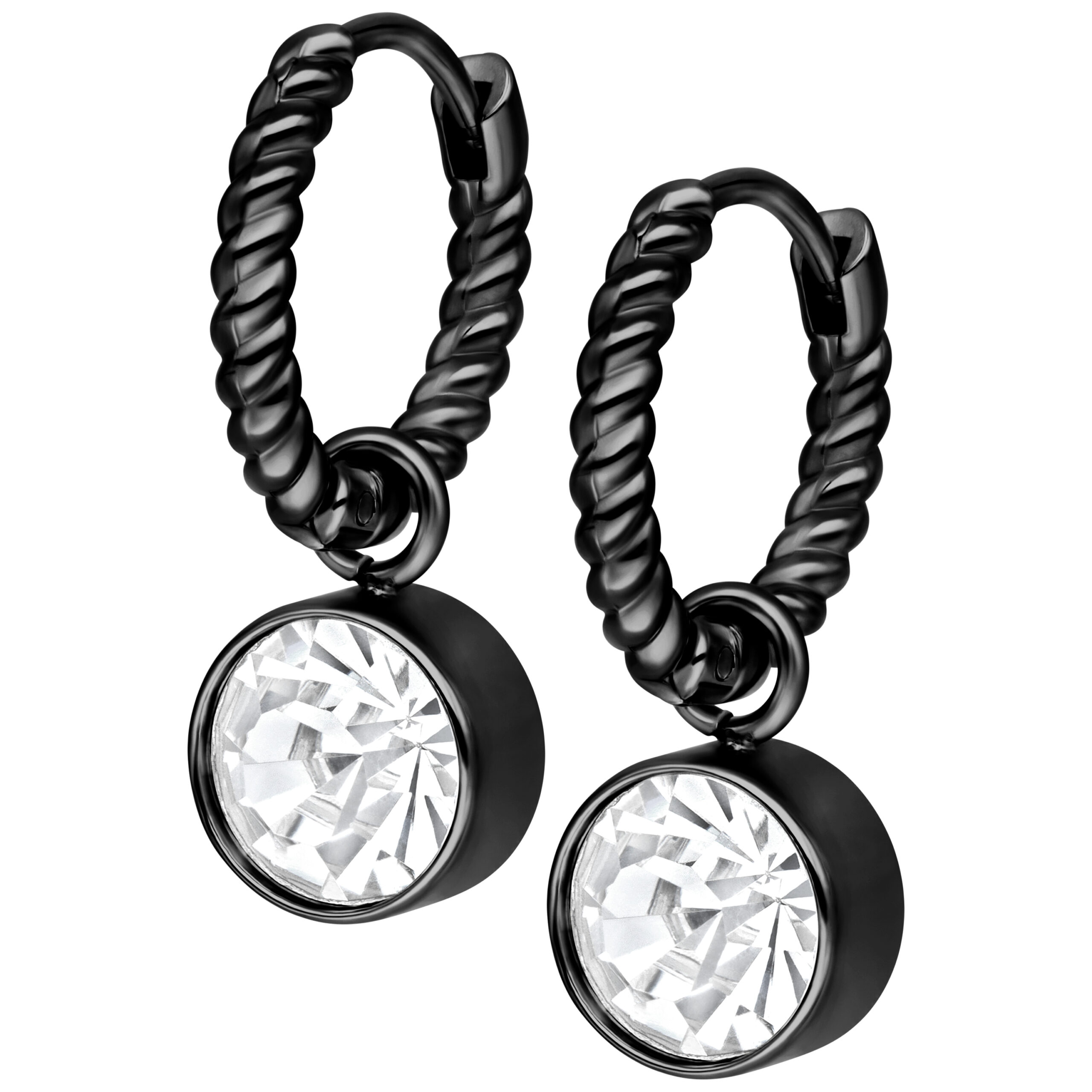 Aros pequeños Twisted negros con cristal claro Aros negros Twisted con cristales claros sobre fondo blanco
