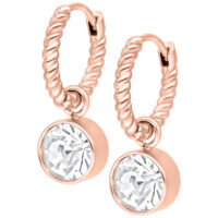 Aros en oro rosado con diseño Twisted y cristal claro, sobre fondo blanco