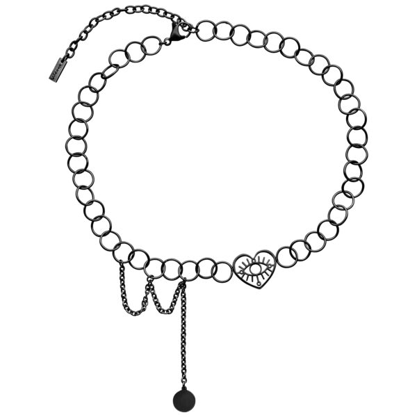 Choker negro con colgante de ojo en forma de corazón sobre fondo blanco