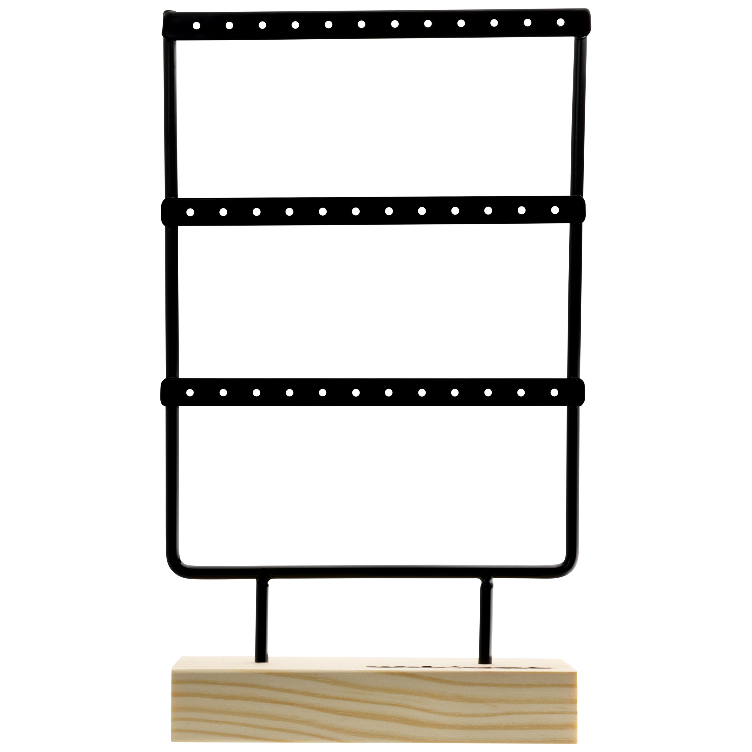 Pantalla de metal negro con base de madera para pendientes, independiente