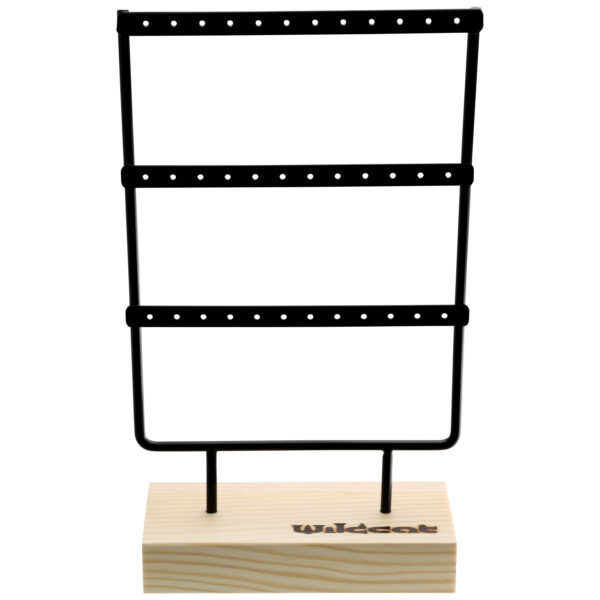Pantalla de metal negro con base de madera para Little Hoops, sobre fondo blanco