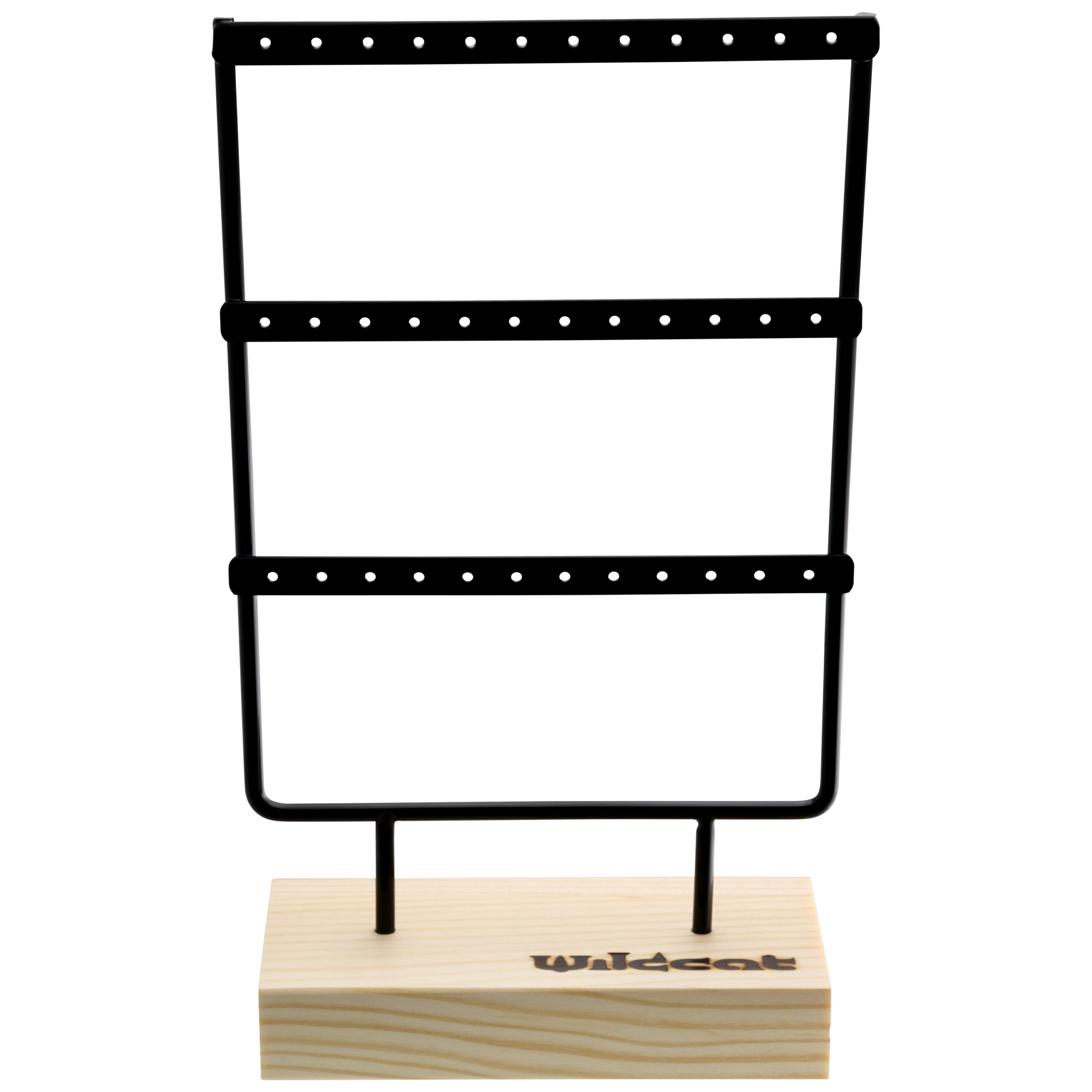 Pantalla de metal negro con base de madera para Little Hoops, sobre fondo blanco