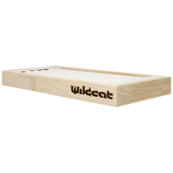 Expositor de anillos negro rectangular de madera con logo de Wildcat