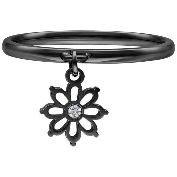 Anillo de metal negro con colgante de flor y cristal sobre fondo blanco
