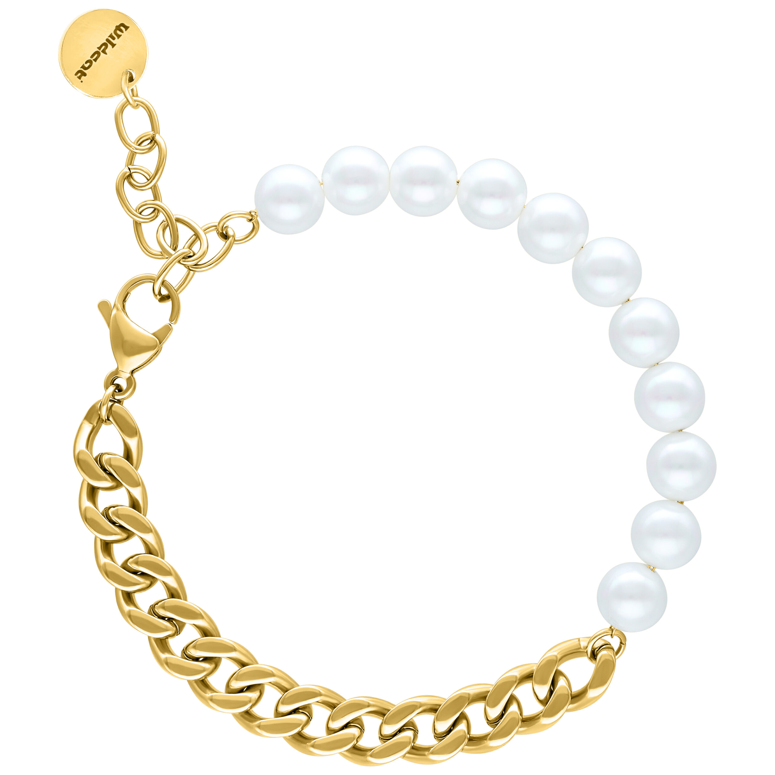 Chunky Pearl Pulsera con cadena dorada y perlas blancas sobre fondo blanco