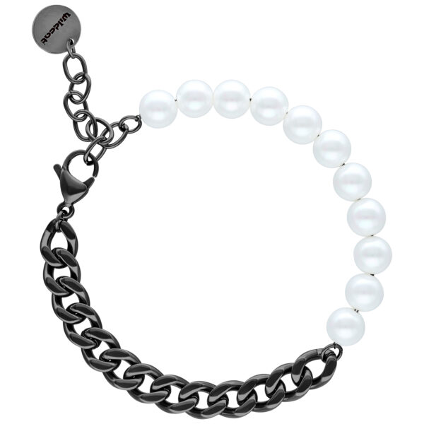 Pulsera unisex con perlas blancas y cadena de metal negro sobre fondo blanco