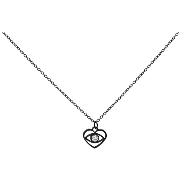 Collar negro de acero quirúrgico con colgante de ojo y cristal sobre fondo blanco