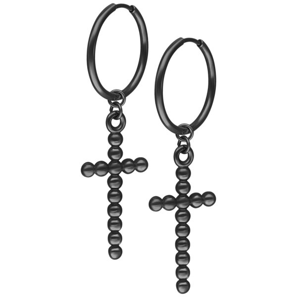 Aros negros con colgante de cruz hecho de burbujas, brillantes, sobre fondo blanco