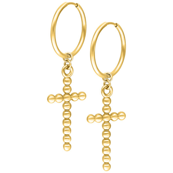 Dos aros dorados con colgante de cruz de burbujas sobre fondo blanco