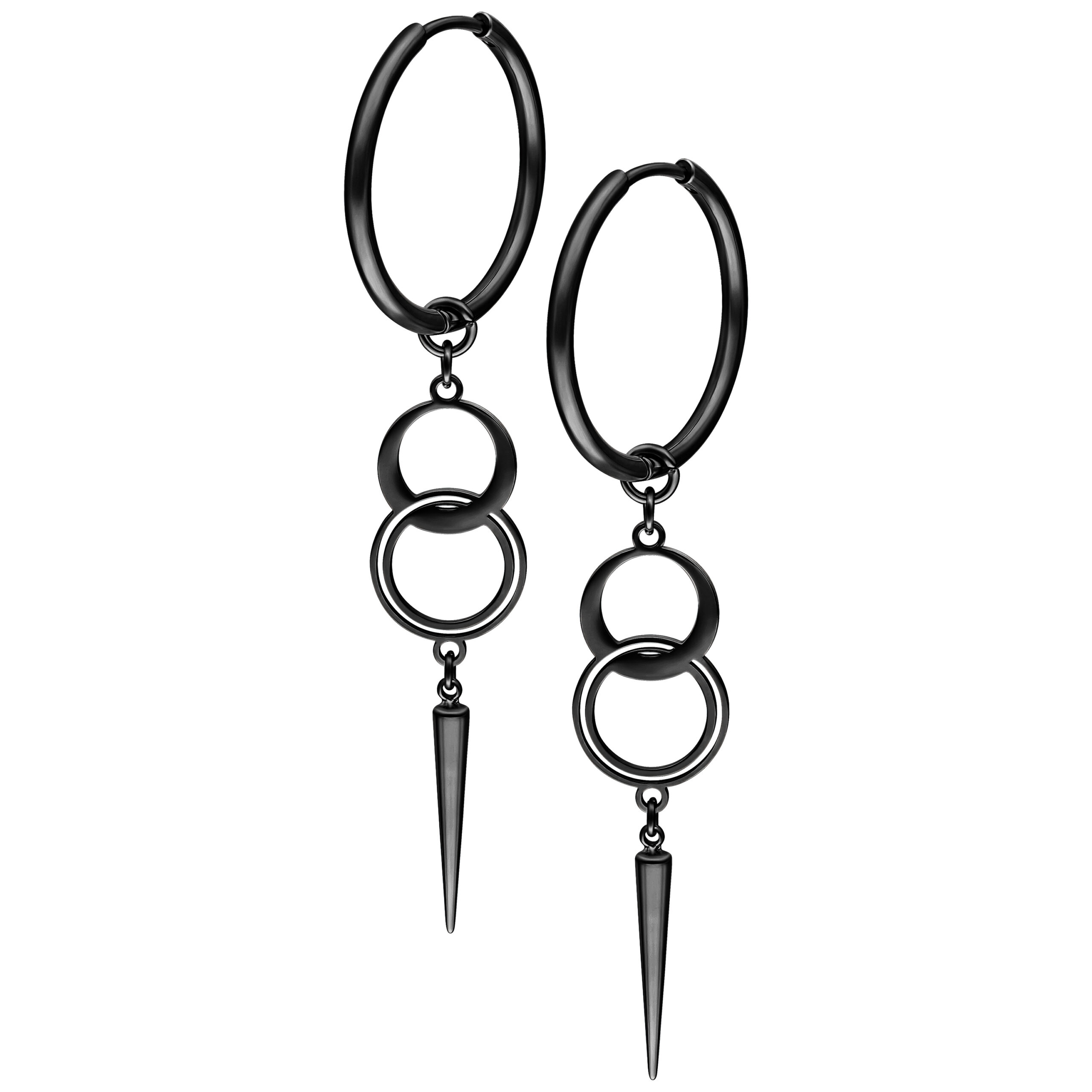Aros de Metal Negro con Colgante Aros negros de acero quirúrgico con doble anillo y colgante sobre fondo blanco