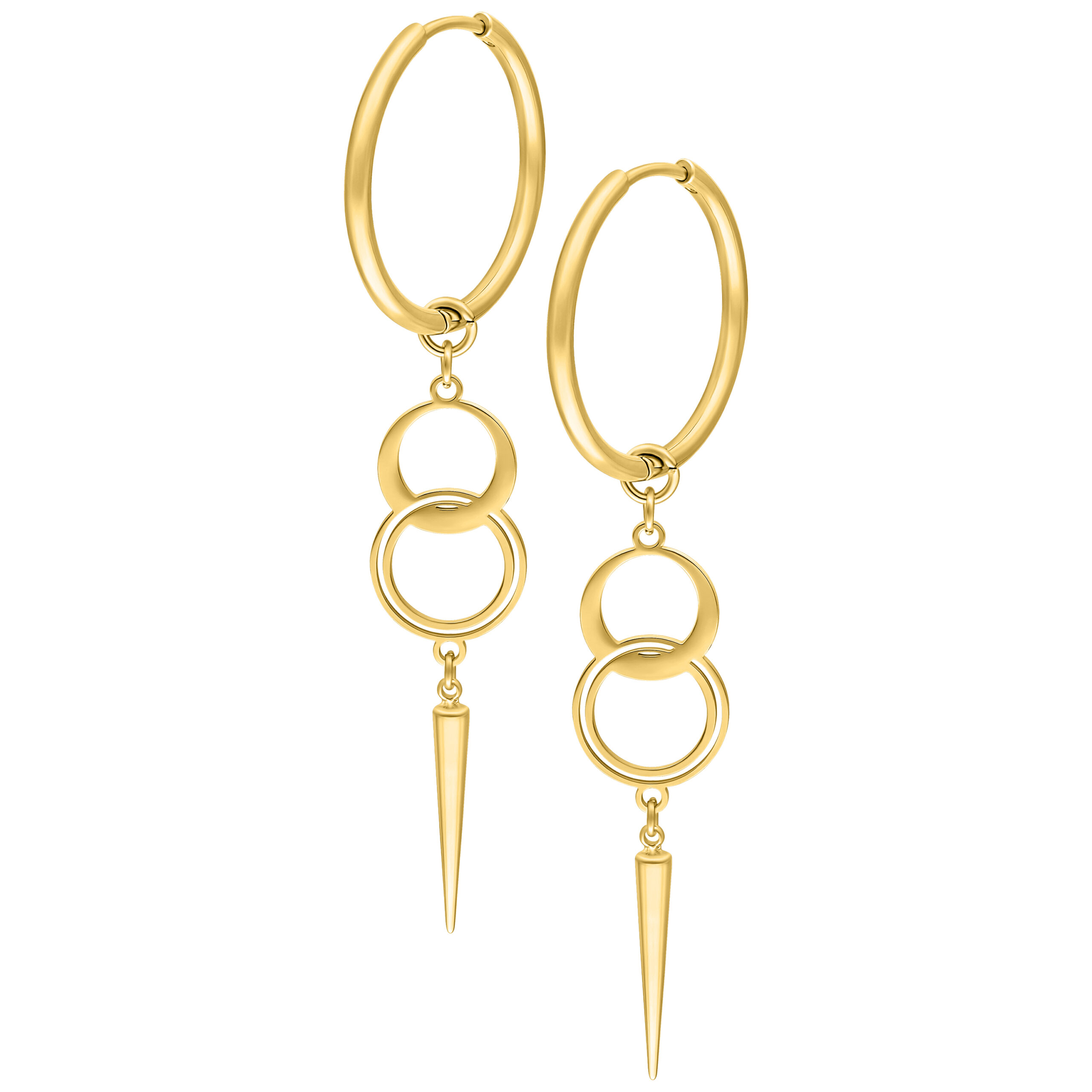 Pendientes de metal dorado con doble aro y colgante puntiagudo sobre fondo blanco