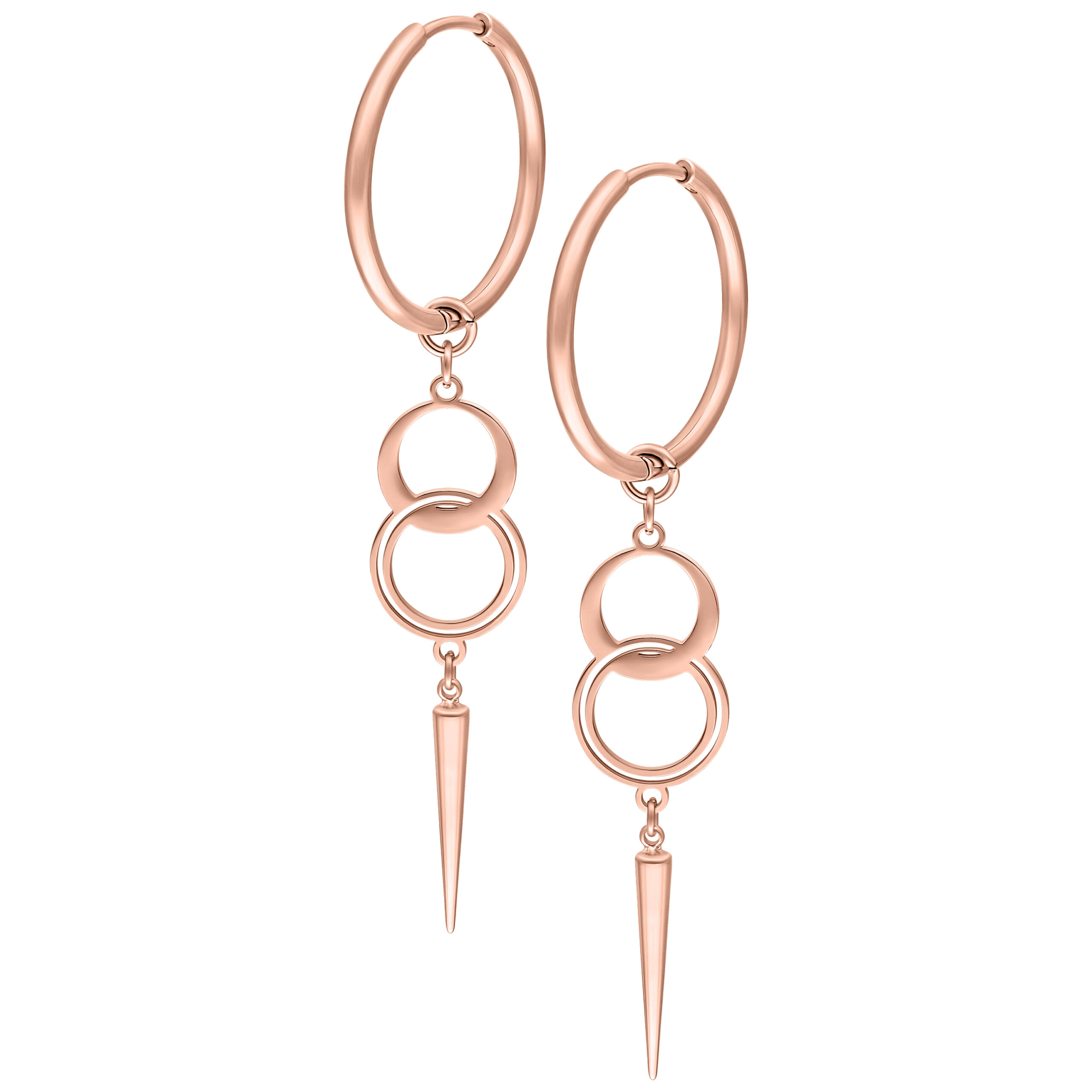 Paar roségoldene Hoops Ohrringe mit kreisförmigen Anhängern und spitzen Enden auf weißem Hintergrund
