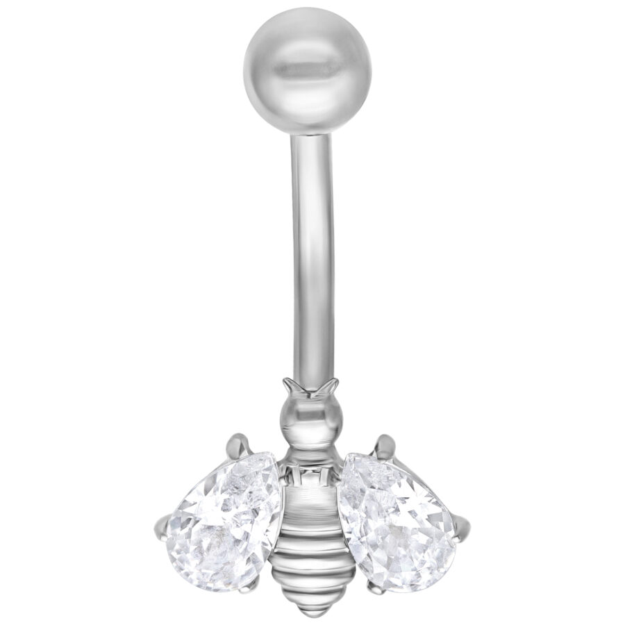Crystal Bee Bananabell de plata con cristales claros sobre fondo blanco